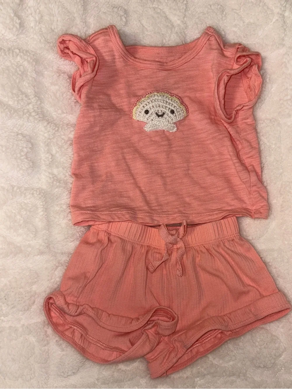Baby’s Coral Pink Two-Piece Shorts Set with Cute Shell Accent